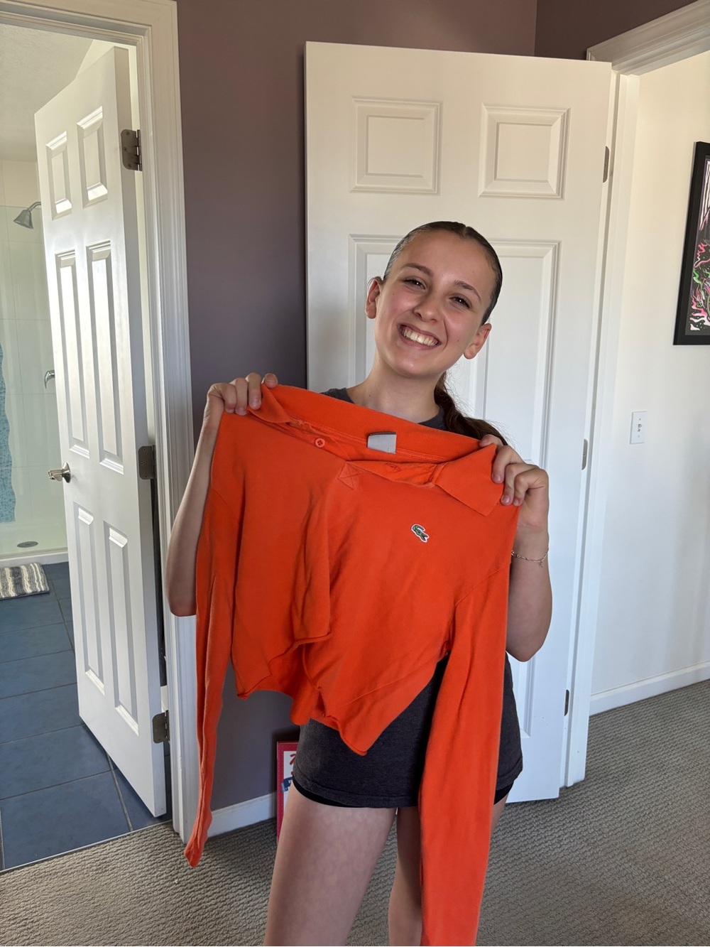 Lacoste Orange Cropped Long-Sleeve Polo Top